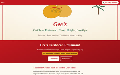 Screenshot of the Gee's Caribbean Restaurant demo site