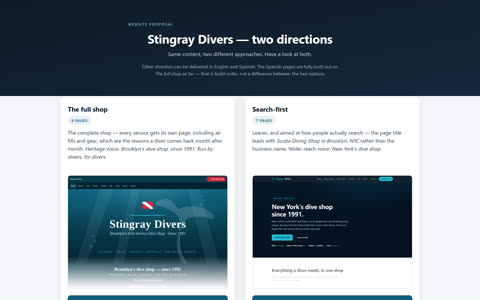 Screenshot of the Stingray Divers demo site