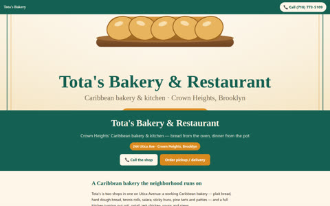 Screenshot of the Tota's Bakery & Restaurant demo site